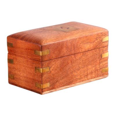 Fortune Secrets,'Handmade Brown Acacia Wood Deck Box with Inlaid Brass Motifs'