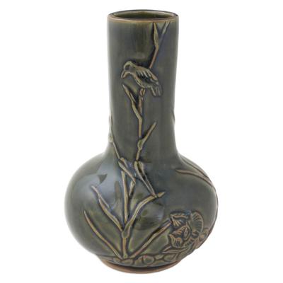 Serenity,'Handmade Green Ceramic Vase with Bird an...