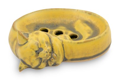 Ceramic soap dish, 'Yellow Napping Kitty'