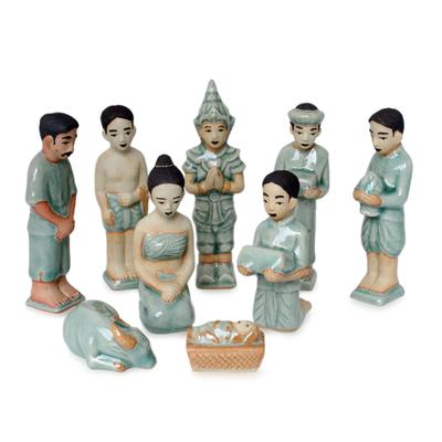 'Thai Christmas' (set of 9) - Celadon Ceramic Nativity Scene