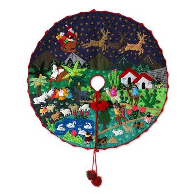 Nativity Scene,'Peruvian Folk Art Cotton Christmas Scene Tree Skirt'