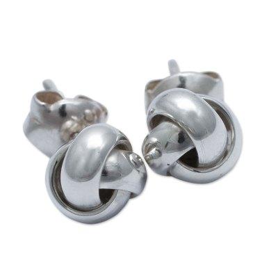 Sterling silver button earrings, 'Love Knot'