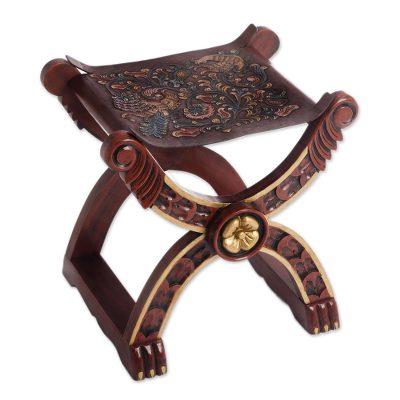 Tooled leather and wood stool, 'Baroque Peru'