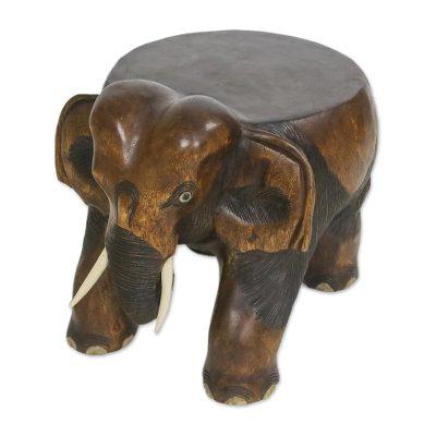 Elephant Relaxation in Brown,'Wood Elephant Stool in Brown from Thailand (11.5 Inch)'