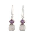 Misty Harmony,'Silver Dangle Earrings with Rainbow Moonstones and Amethysts'