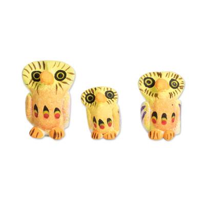 Owl Reunion,'Handcrafted Owl Ceramic Figurines from Guatemala (Set of 3)'