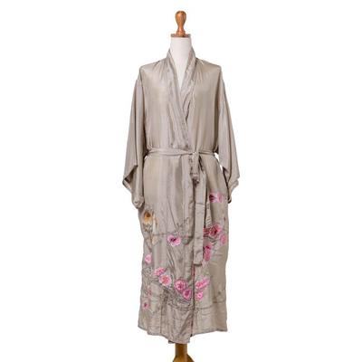 Sakura Blossoms,'Hand-Painted Silk Robe with Floral Motif'