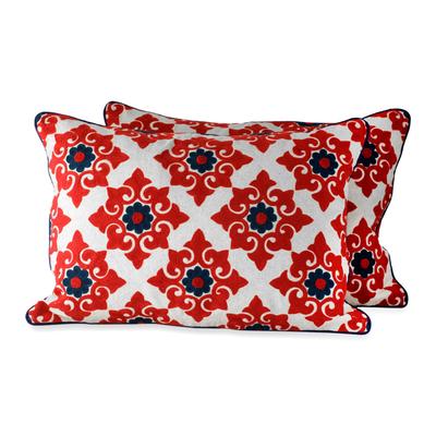 Embroidered cushion covers, 'Romantic Red' (pair)