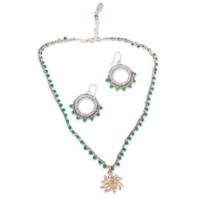 Flower in Gold,'Turquoise Bead Necklace and Earring Set from Mexico'