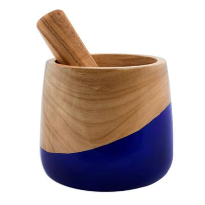 Wood mortar and pestle, 'Spicy Blue'