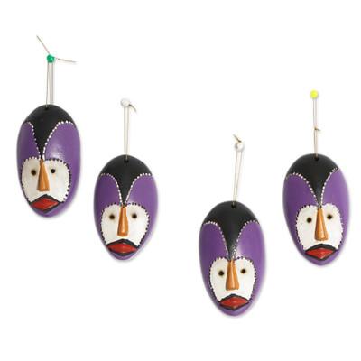 Dan Essence,'Set of 4 Handcrafted Purple Dan Mask Sese Wood Ornaments'