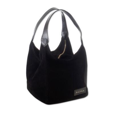 Miss Onyx,'Modern Leather-Accented Cube Suede Handbag in Black'