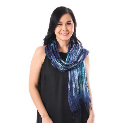 'Blue and Green Tie-Dyed Silk Fringed Scarf from Thailand'