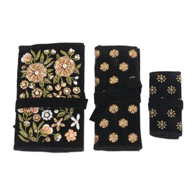 Floral Saga,'Embroidered Floral Jewelry Rolls from India (Set of 3)'
