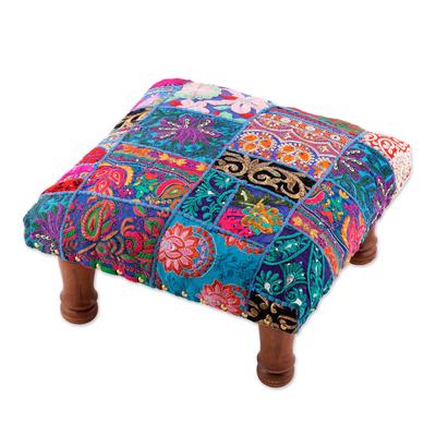 Lapis Patchwork,'Fair Trade Embellished Ottoman Foot Stool from India'