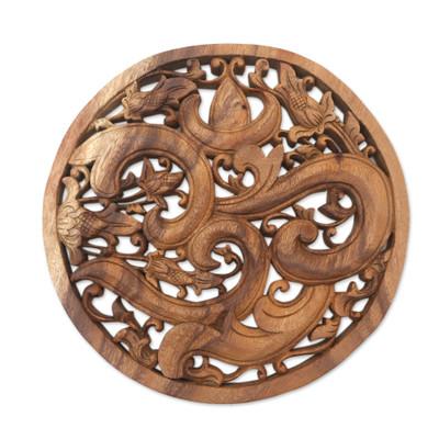 Binding Om,'Hand Carved Om Symbol Wood Relief Panel from Bali'