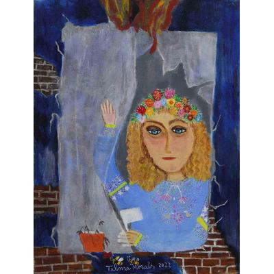 Window in Ukraine,'Acrylic on Canvas Naif Painting of Ukrainian Child in Window'