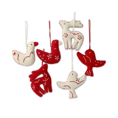 Wool ornaments, 'Christmas Wishes' (set of 6)