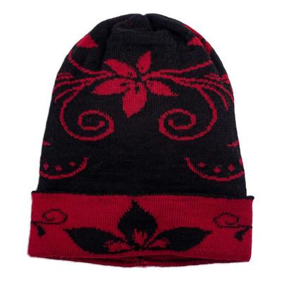 Crimson Blossom,'Floral Crimson and Black Alpaca Blend Hat with Soft Texture'