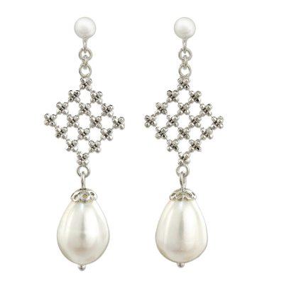 White Rosebud,'Modern Design Earrings with White Pearls and 925 Silver'
