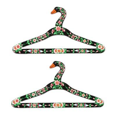 Beauty of Kashmir in Black,'Handmade Floral-Motif Wood Hangers (Pair)'