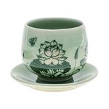 Luxuriant Lotus,'Handmade Celadon Ceramic Green Cup and Saucer with Flowers'