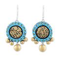 Sun Catchers,'Handcrafted Blue and Gold Ceramic Circle Dangle Earrings'