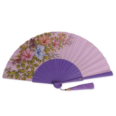 'Hand-Painted Floral Silk and Mahogany Wood Fan from Bali'