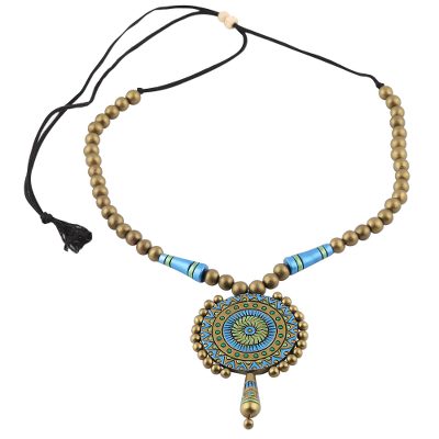 Peacock Gold,'Hand-Painted Golden Peacock Ceramic Pendant Necklace'