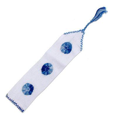 San Cristobal Skies,'Handwoven White Cotton Bookmark with Blue Embroidery'