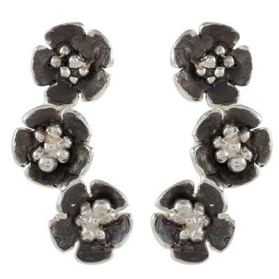 Floret Trio,'Handcrafted Sterling Silver Flower Trio Drop Earrings'