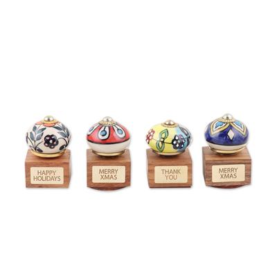 Floral Wishes,'Set of 4 Handmade Colorful Acacia Wood and Ceramic Stamps'