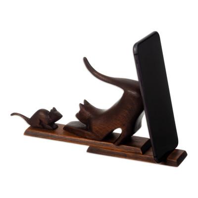 Helping Buddies,'Cat and Mouse Cedar Wood Phone Holder in Dark Brown Hue'