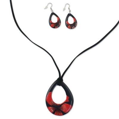 Crimson Bloom,'Ceramic Black and Red Pendant Necklace Dangle Earrings Set'