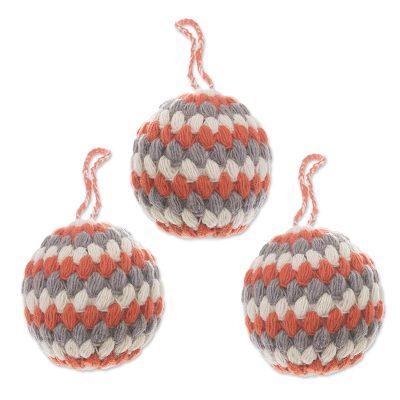 Flame Holiday,'Wool Ornaments in Flame from Peru (Set of 3)'