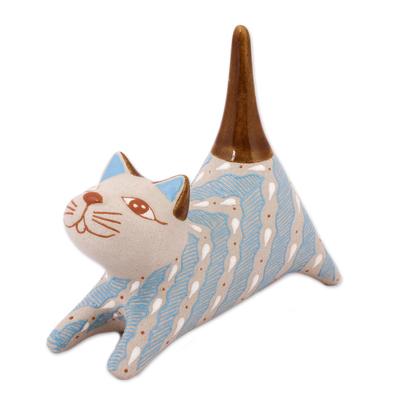 Cloud Crossing Cat,'Handcrafted Blue and Ivory Striped Ceramic Cat Ring Holder'