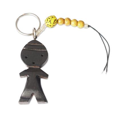 Doll,'Ebony Doll Keychain with Recycled Glass and Wood Beads'