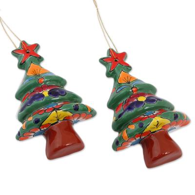 Talavera Celebration,'Floral Ceramic Christmas Tree Ornaments from Mexico (Pair)'