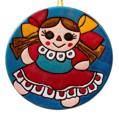 Delightful Maria Doll,'Ceramic Wall Art of a Maria Doll in a Red Dress from Mexico'