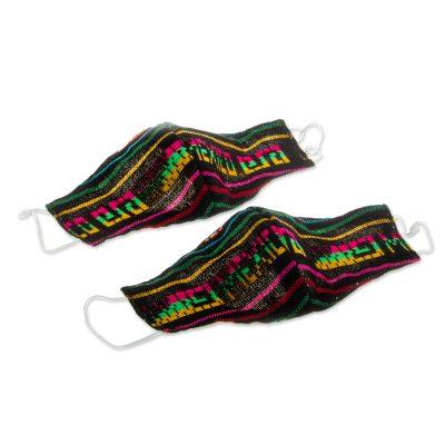 Fiesta in Mexico,'2 Black Embroidered Cambaya Cloth Mexico Face Masks'