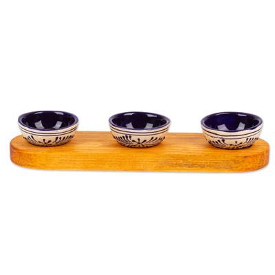 '4-Piece Talavera Style Ceramic Condiment Set with Wood Tray'