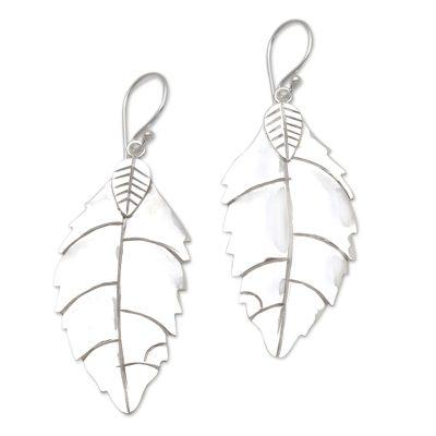 Shimmering Leaf,'Polished Sterling Silver Leaf Dangle Earrings'