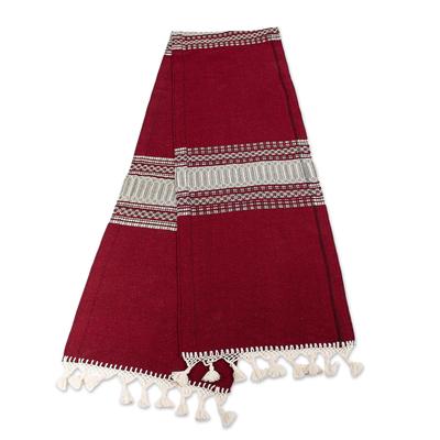Burgundy Zapotec Tradition,'Zapotec Handwoven Burgundy and Ivory Cotton Table Runner'