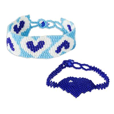 Hearts in Royal,'Blue Heart Motif Beaded Friendship Bracelets (Pair)'