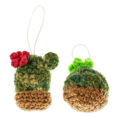 Desert Cheer,'Hand Crocheted Potted Cactus Ornaments (Pair)'