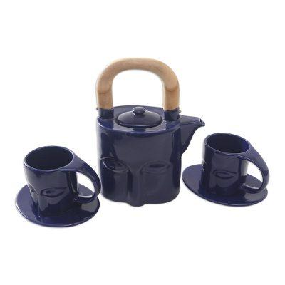 Buddha's Gaze,'Blue Ceramic Tea Set with Teak Wood...