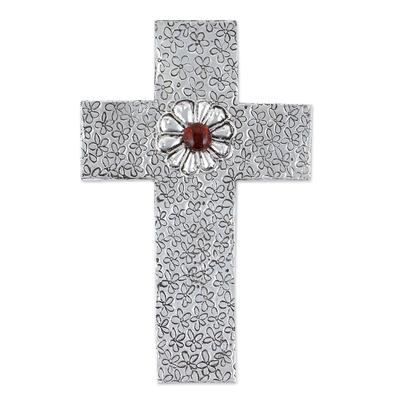 Prayers Like Flowers,'Decorative Wall Cross in Aluminum Repousse with Amber Flower'