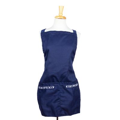 Navy Geometry,'Embroidered Navy Cotton Gabardine Apron with Front Pockets'