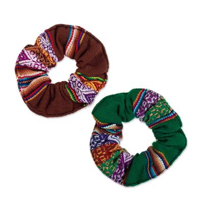 Andes Nature Fantasy,'Set of 2 Brown and Green Andean Acrylic Scrunchies'