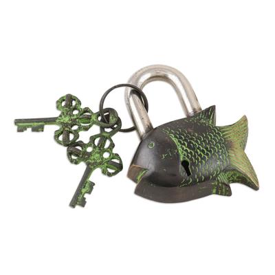 Undersea Treasure,'Brass Lock and Key Set with Fish Motif (3 Pieces)'